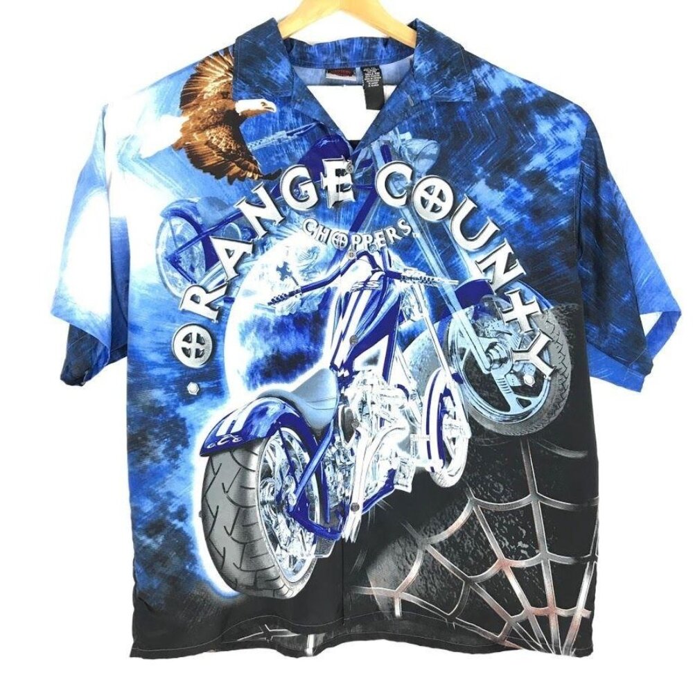 Orange County Choppers 2XL Blue All Over Print Eagle Button Up Shirt Collared